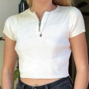 Pastel cream yellow Brandy Melville ribbed quarter zip zipper sweater cropped